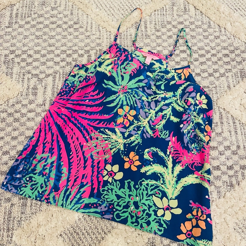 Lilly Pulitzer Floral Dusk Top Indigo All A Glow Size Small Silk Cami Tank